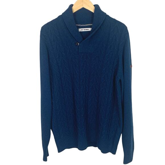 BEN SHERMAN Mens Large Lambswool Cable Knit Shawl Collar Teal Sweater - Picture 1 of 12